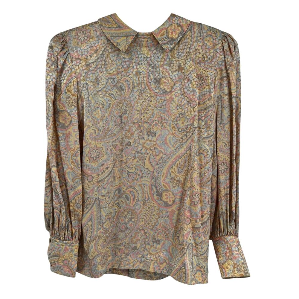 Vintage Silk 70s Paisley Print Peter Pan Collared Blouse Pink Yellow Blue